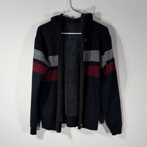 Men's Black and Red Striped Zip-Up Sweater